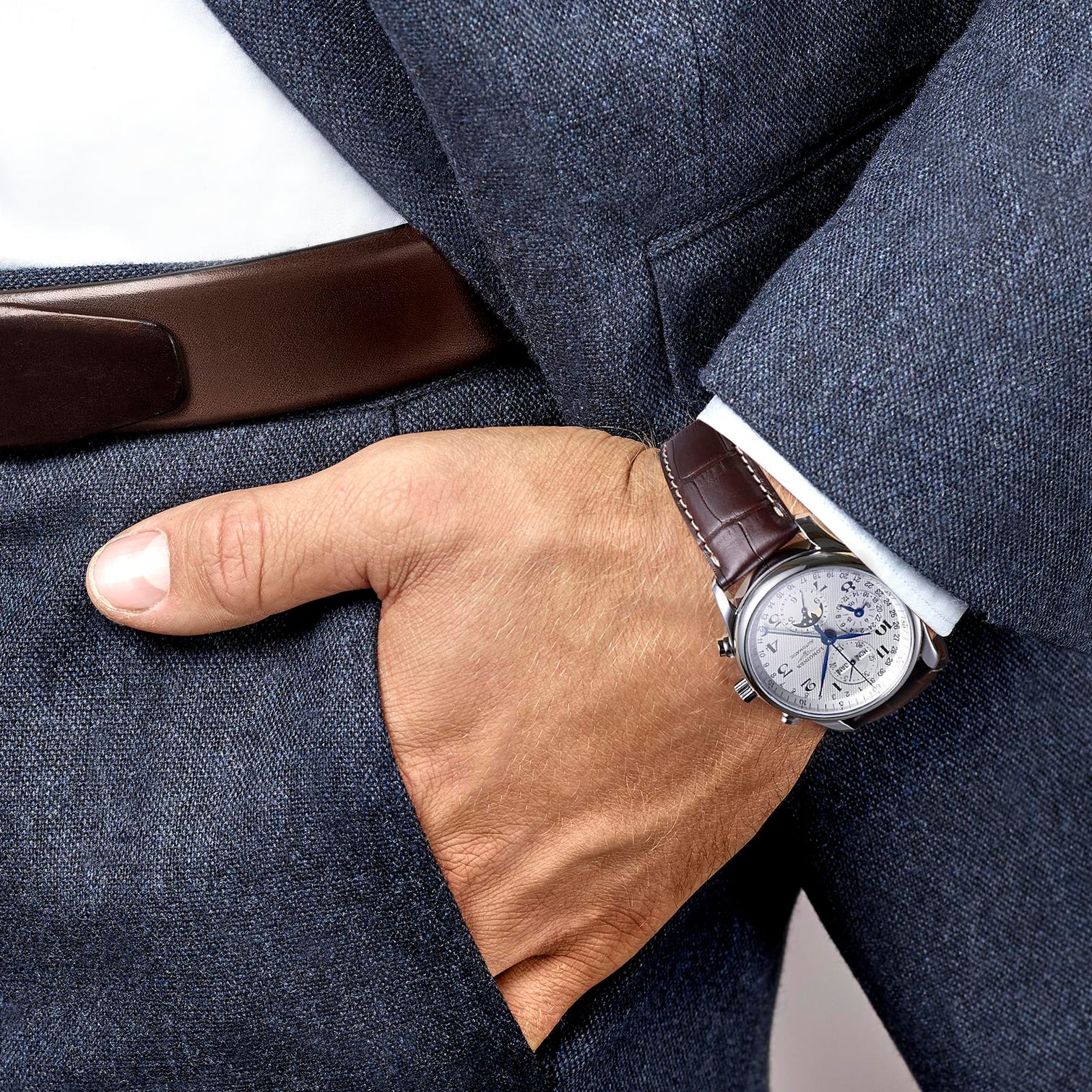 Man Wearing Longines Master Collection Moon Phase Chronograph Watch for Men